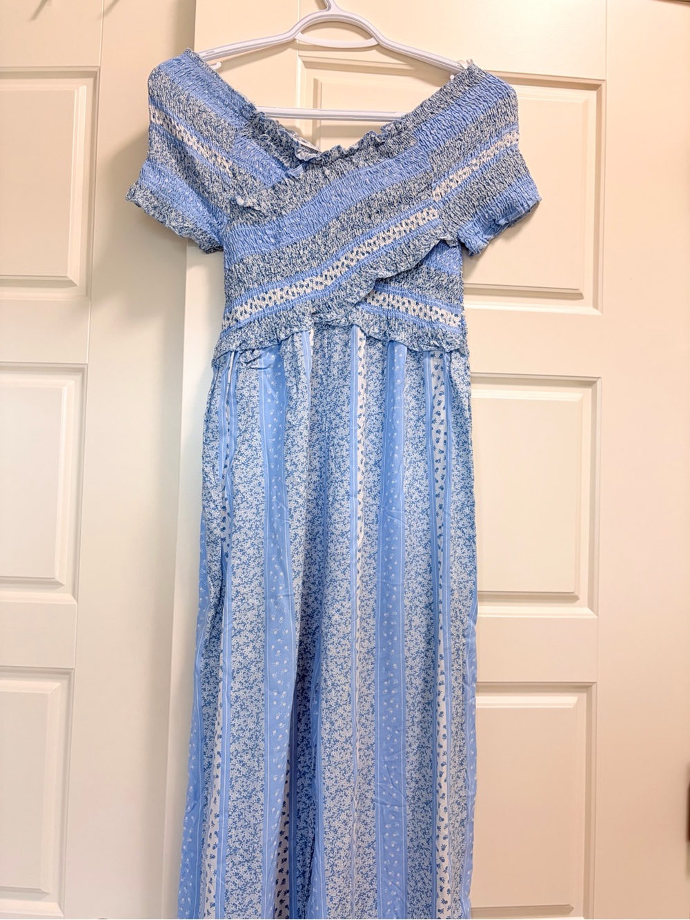 Japna Blue Smocked Off-Shoulder Jumpsuit